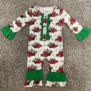 Girls Size 12-18 Month Christmas Truck Ruffle Jumsuit With Snap Closure.
